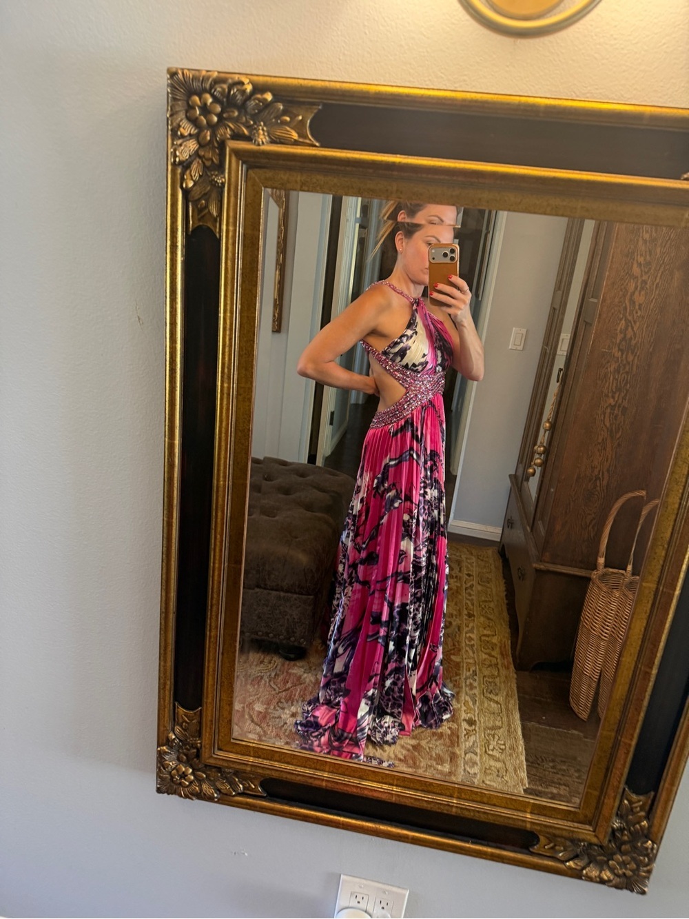 David's Bridal Fuchsia and Black Printed Halter Maxi Dress